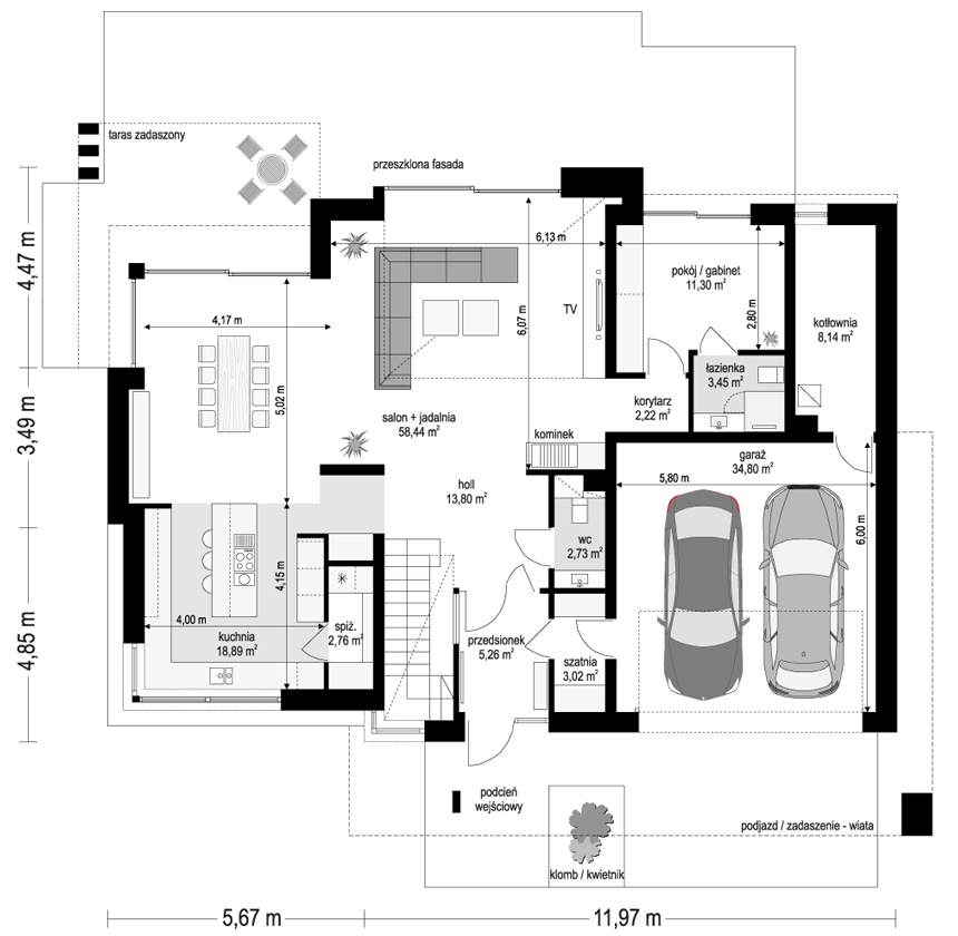 Projekt domu Willa floryda 7 - rzut parteru